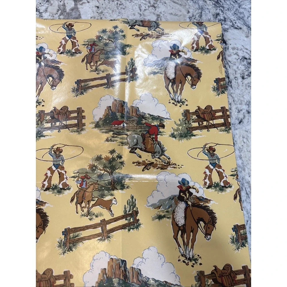 VTG Sheet of Cowboy Wrapping Paper 25 1/2x30 Horses Cow Saddle Wild West‎ Lasso
